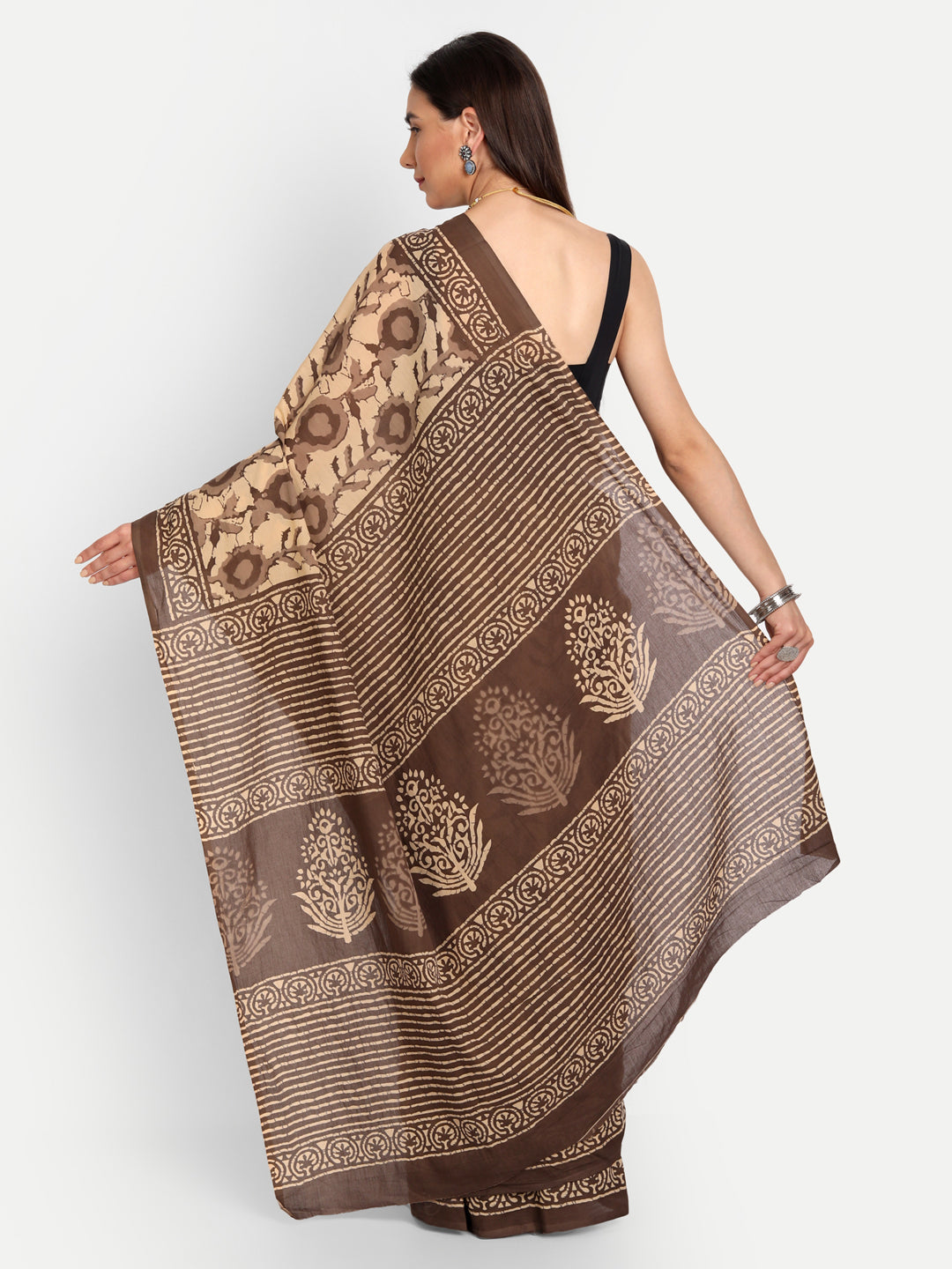 Buta Buti Beige & Brown Floral Pure Cotton Saree