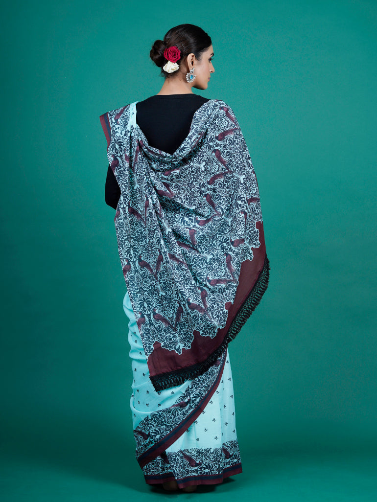 Buta Buti Blue Color Floral Printed Pure Cotton Saree With Unstitched Blouse And lace