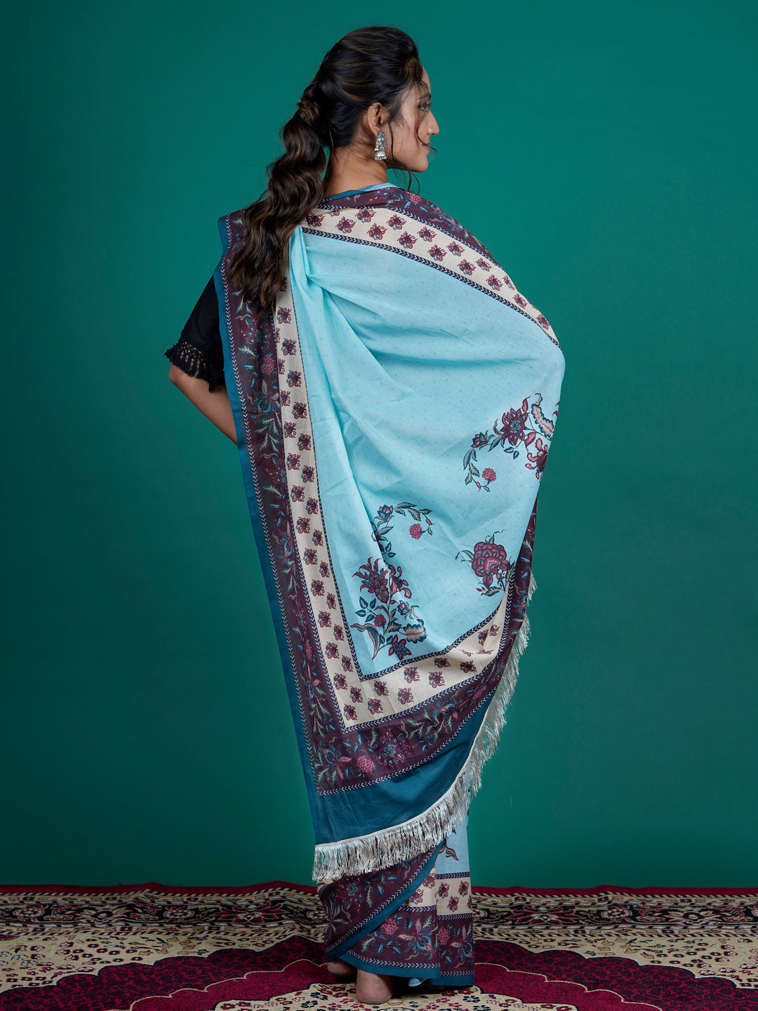 Buta Buti Blue Color Floral Printed Pure Cotton Saree With Unstitched Blouse And lace