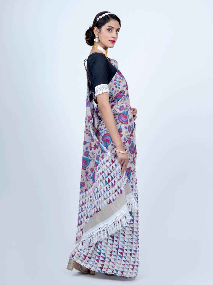 Buta Buti Floral Printed Cotton Tasseled Saree