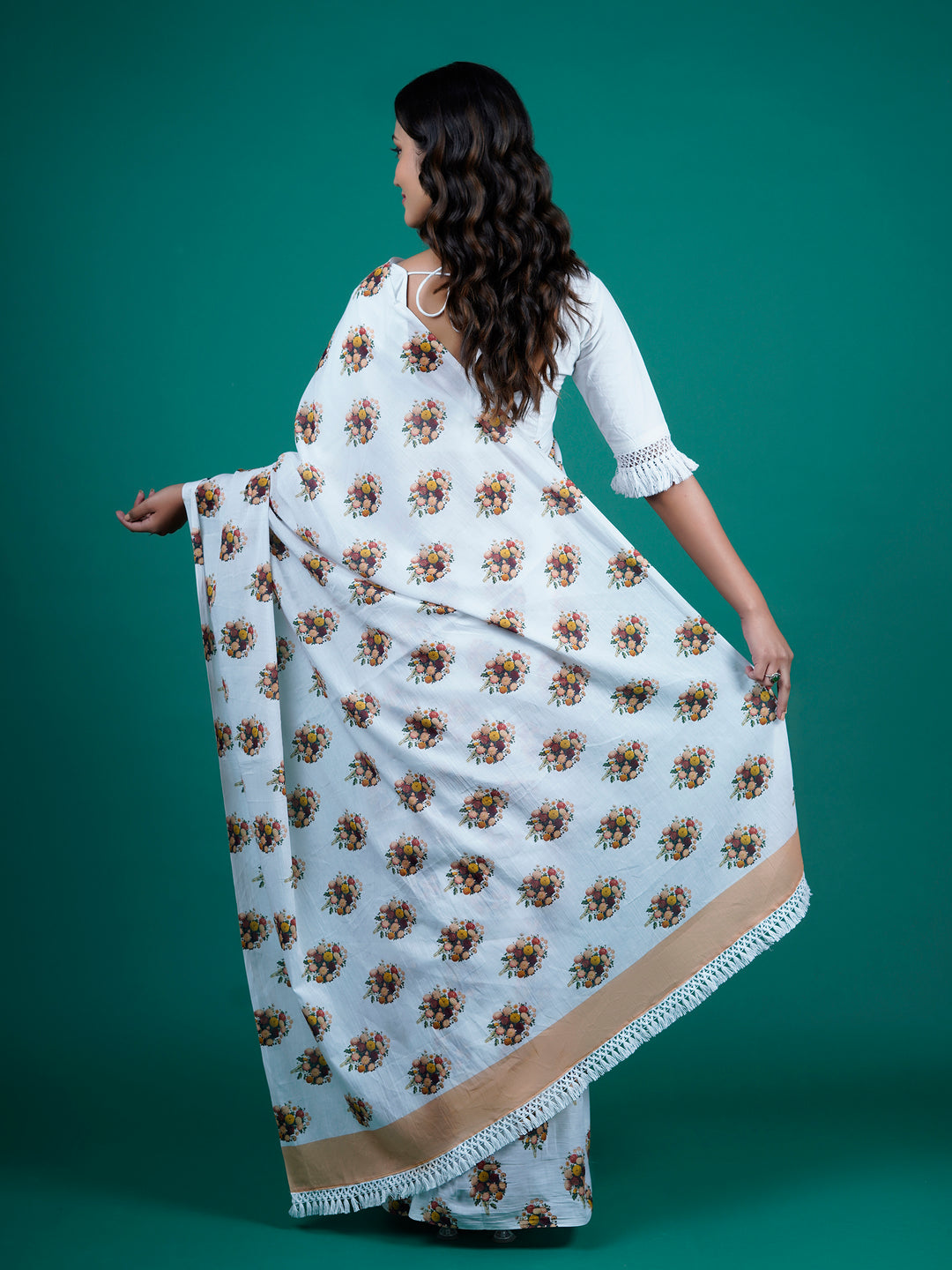 Buta Buti White Color Floral Printed Pure Cotton Saree With Unstitched Blouse And lace