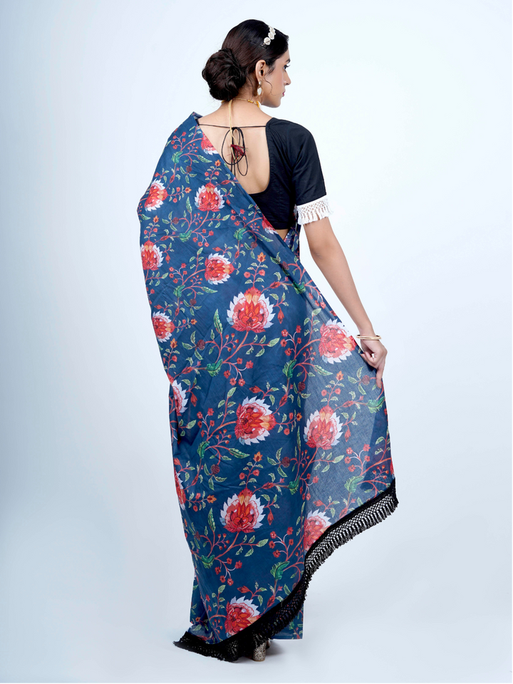 Buta Buti Floral Printed Cotton Tasseled Saree