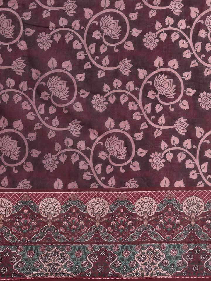 Buta Buti Maroon Colour Floral Printed Pure Cotton Saree With Unstitched Blouse And Lace