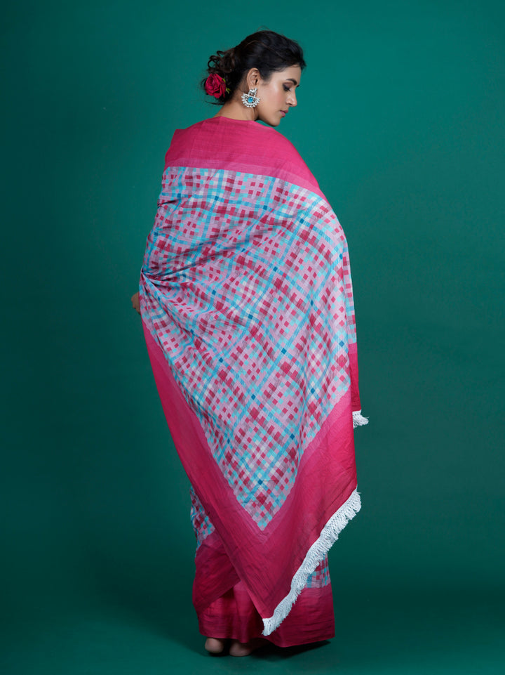 Buta Buti Checks Printed Cotton Tasseled Saree