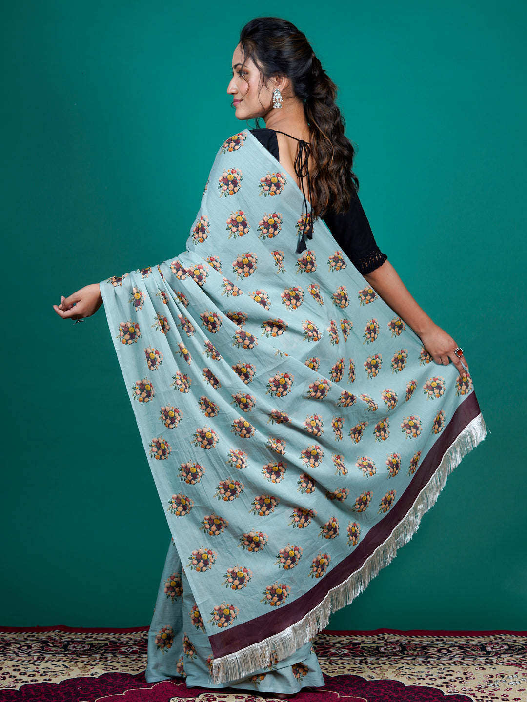 Buta Buti Blue Color Floral Printed Pure Cotton Saree With Unstitched Blouse And lace