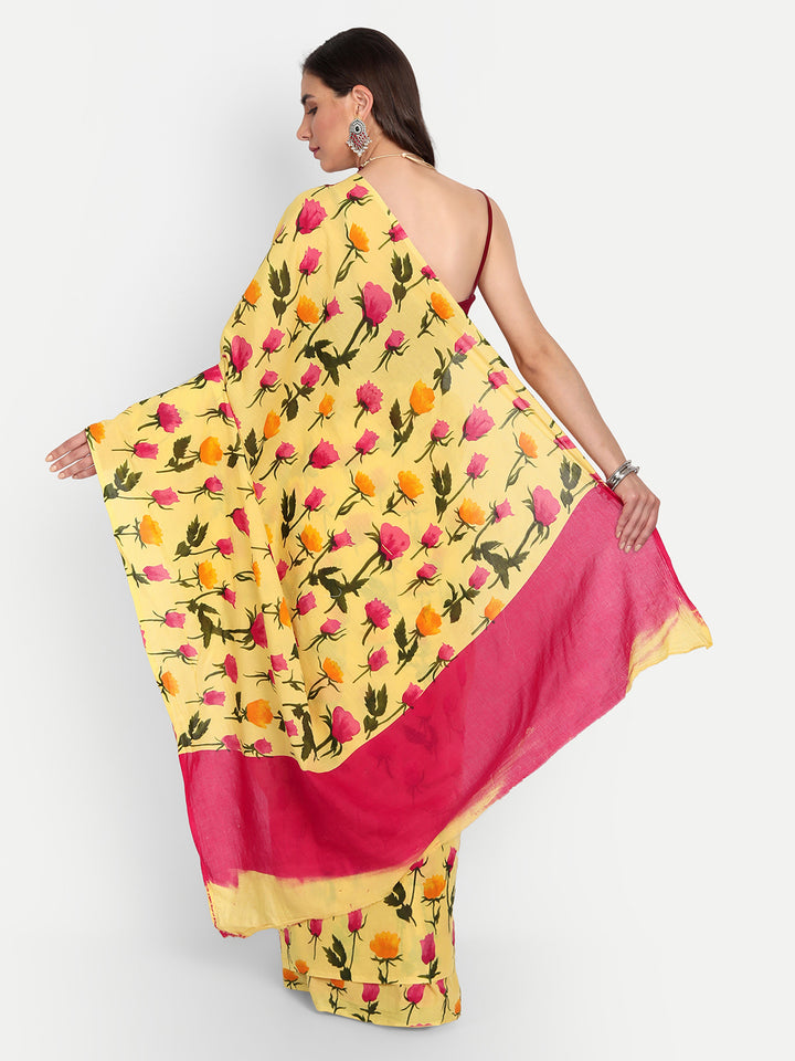 Buta Buti Yellow & Pink Floral Pure Cotton Saree