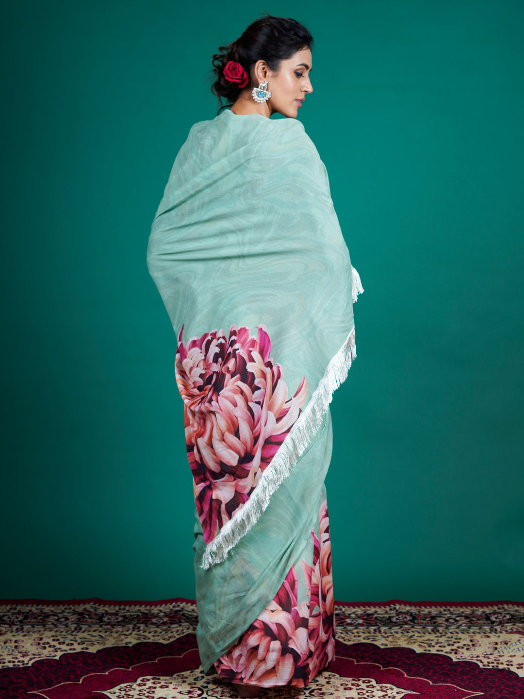 Buta Buti Green Color Floral Printed Pure Cotton Saree With Unstitched Blouse And lace