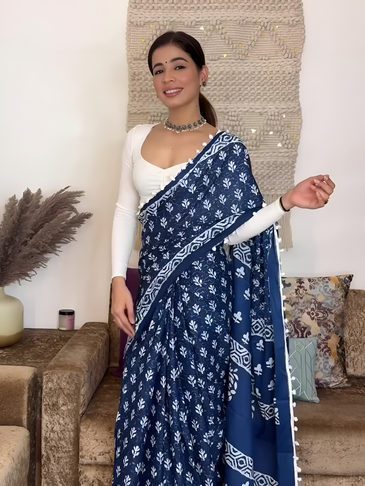 Blue & White Floral Printed Pure Cotton Saree