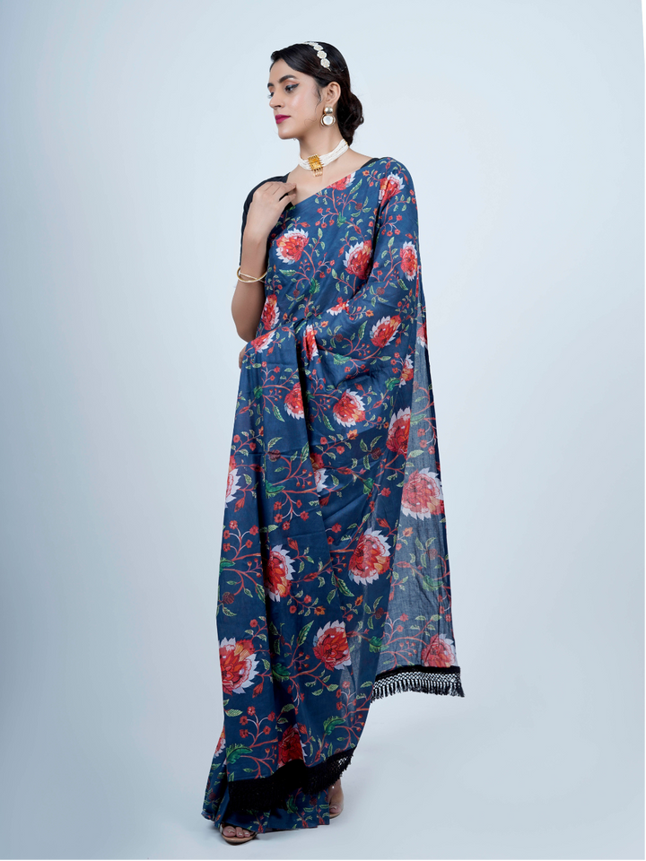 Buta Buti Floral Printed Cotton Tasseled Saree