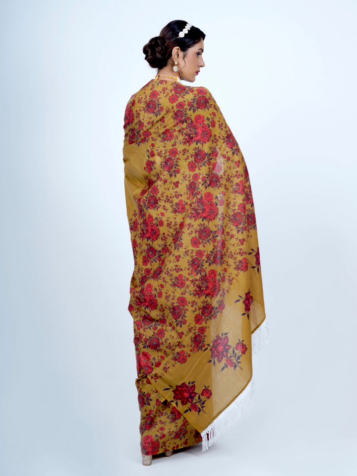 Buta Buti Floral Printed Cotton Tasseled Saree