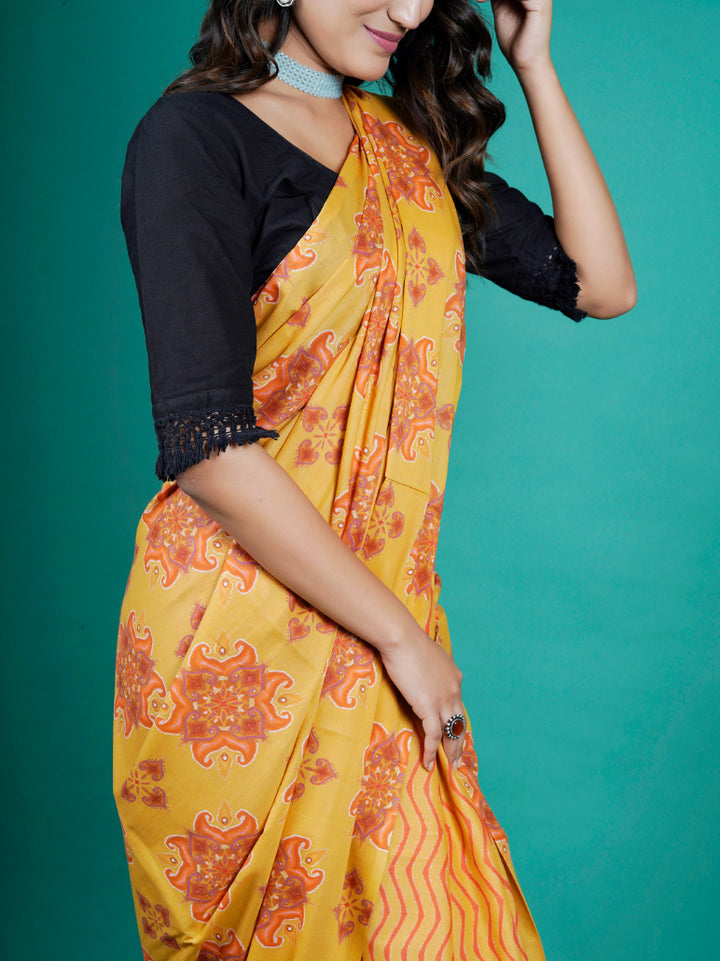 Buta Buti Mustard Color Floral Printed Pure Cotton Saree With Unstitched Blouse And lace