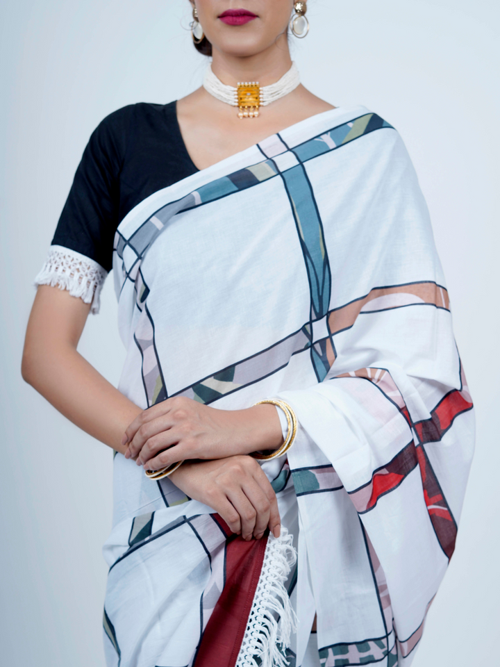 Buta Buti Checked Print Cotton Tasseled Saree