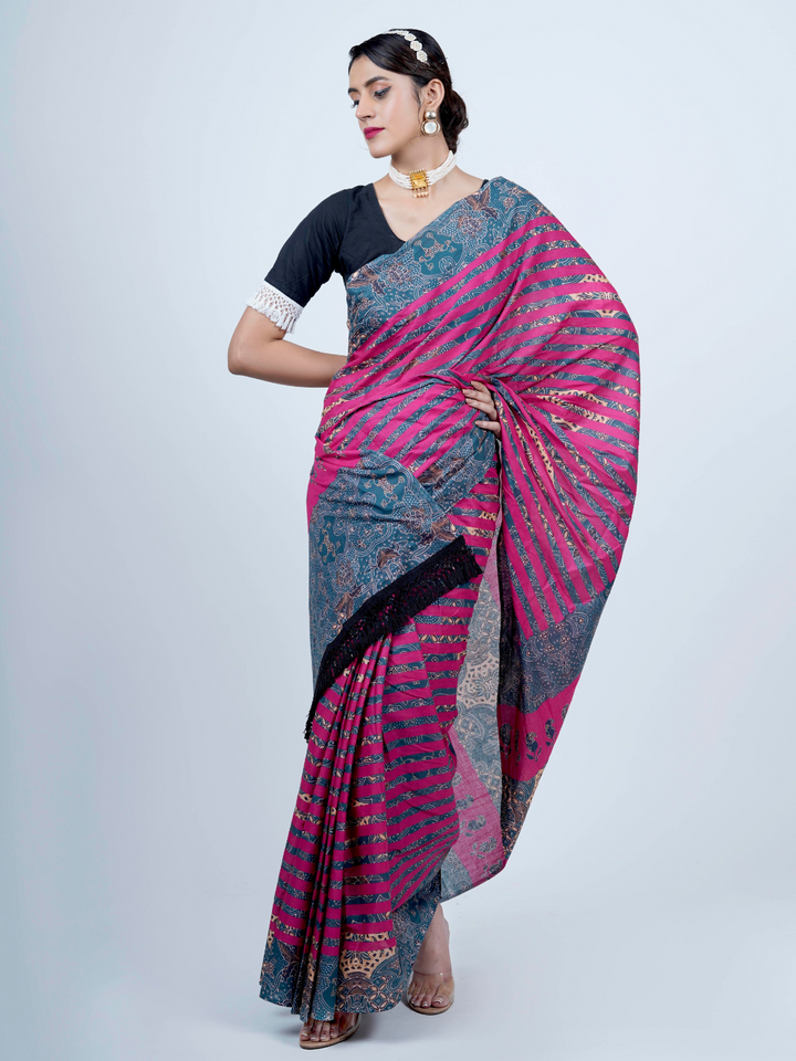 Buta Buti Ajrak Printed Cotton Tasseled Saree