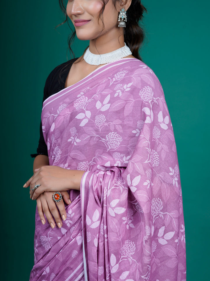 Buta Buti Pink Color Floral Printed Pure Cotton Saree With Unstitched Blouse And lace