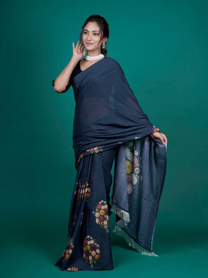 Buta Buti Floral Printed Cotton Tasseled Saree