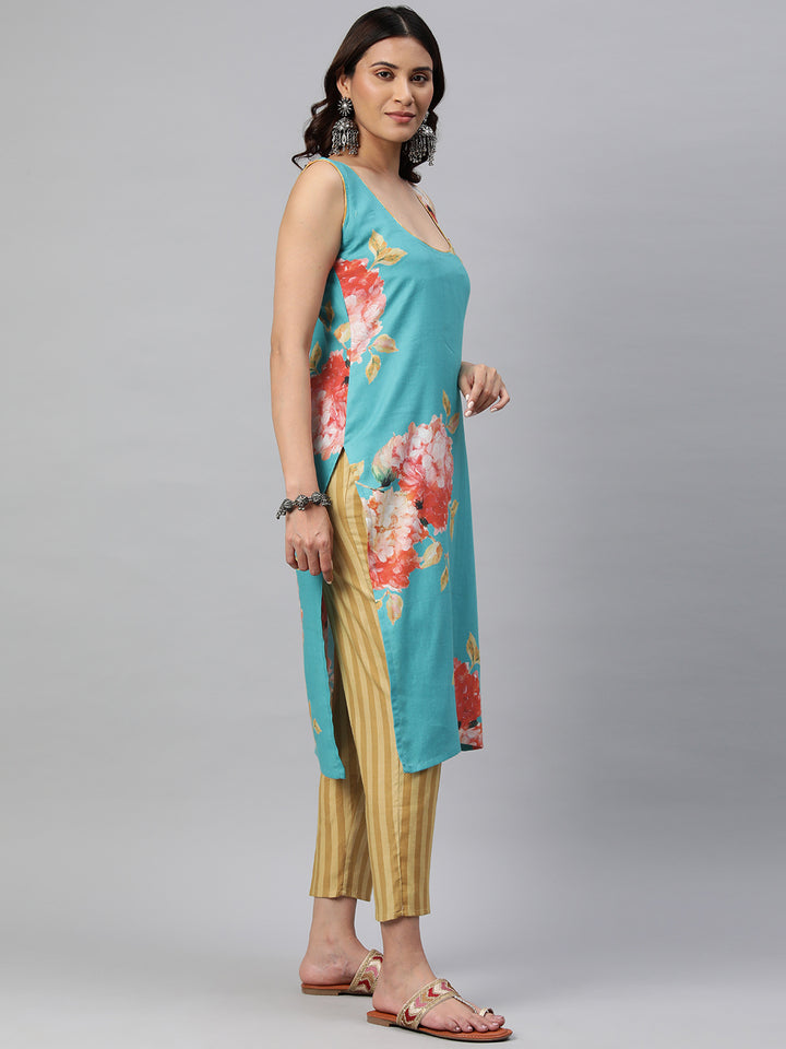 Blue Color Floral Printed Pure Cotton  Kurta Set