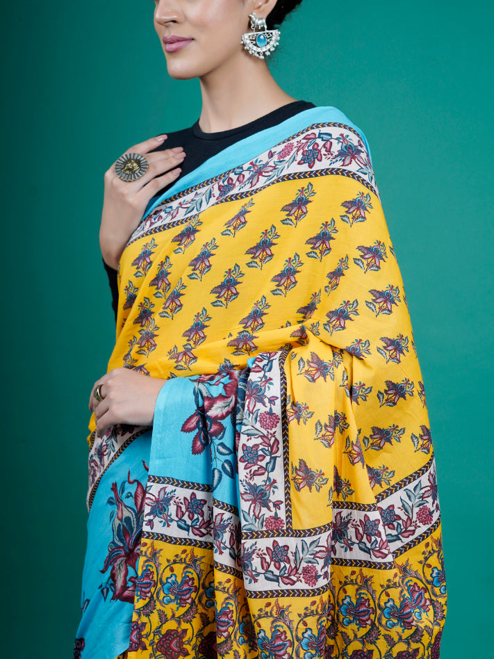 Buta Buti Yellow Color Floral Printed Pure Cotton Saree With Unstitched Blouse And lace
