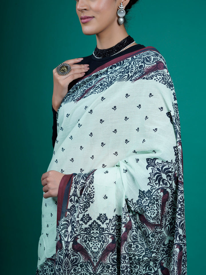 Buta Buti Sea Green Color Floral Printed Pure Cotton Saree With Unstitched Blouse And lace