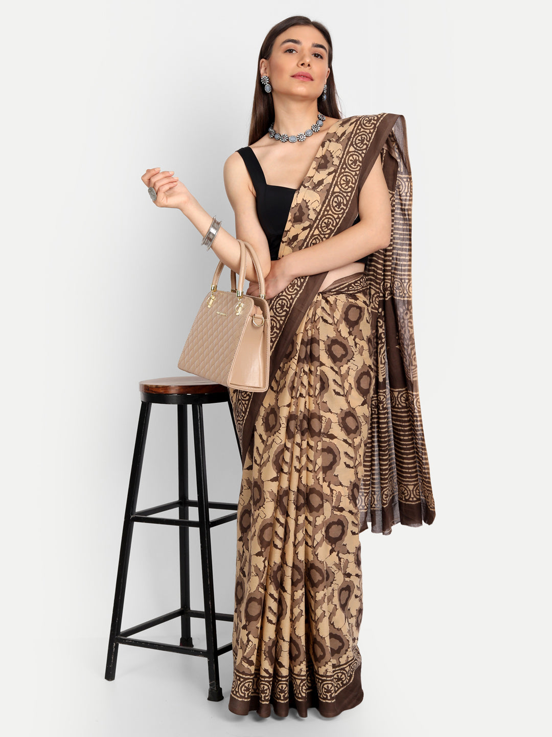 Buta Buti Beige & Brown Floral Pure Cotton Saree