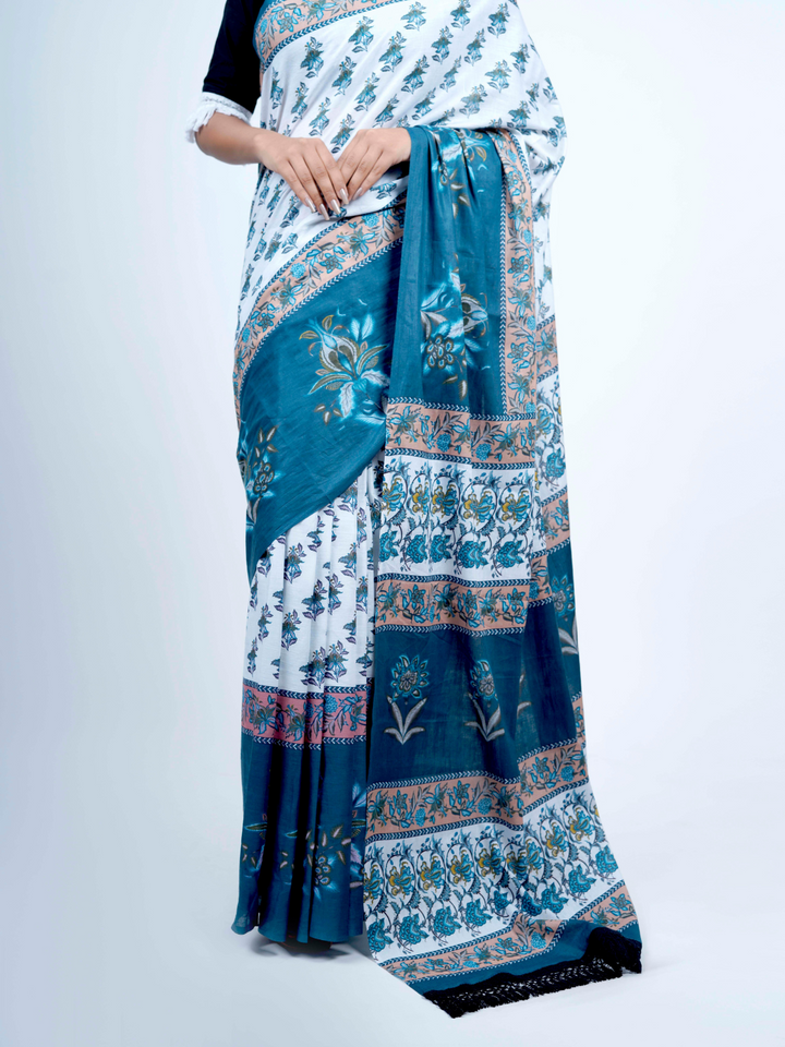 Buta Buti Chintz Floral Printed Cotton Tasseled Saree