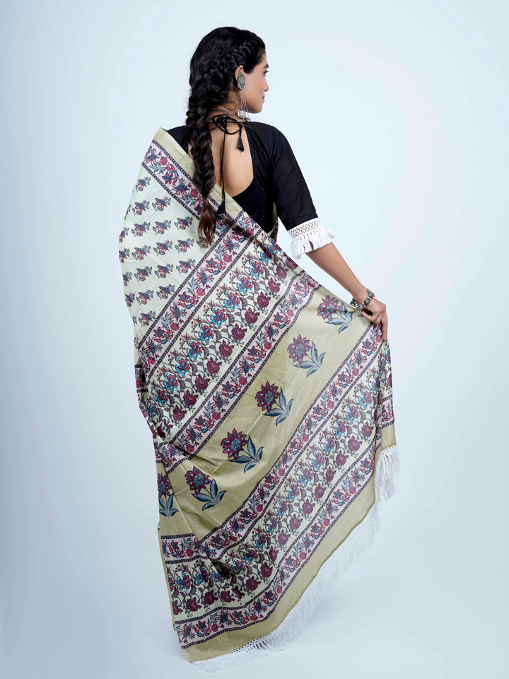 Buta Buti Chintz Floral Printed Cotton Tasseled Saree