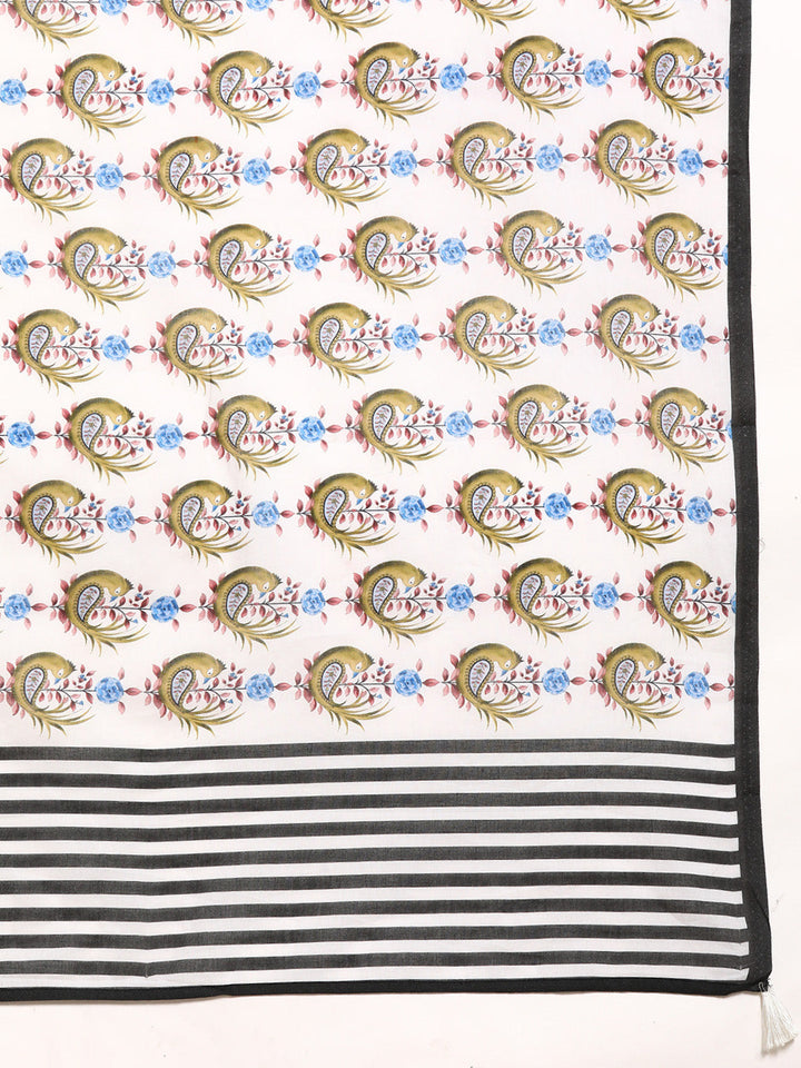 Buta Buti White Colour Floral Printed Pure Cotton Saree With Unstitched Blouse And Lace