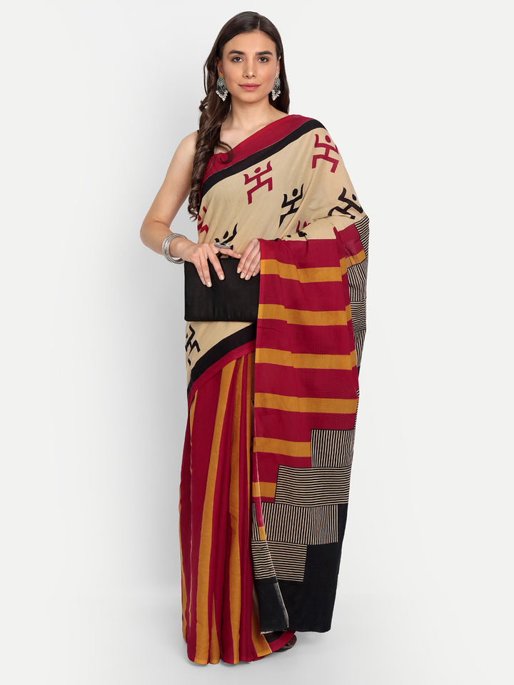 Buta Buti Beige & Red Ethnic Motifs Pure Cotton Saree