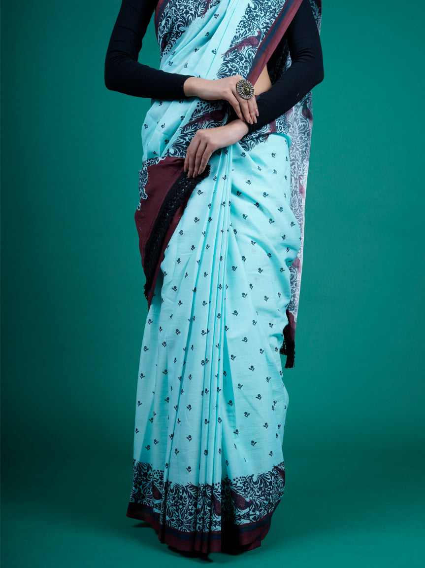 Buta Buti Blue Color Floral Printed Pure Cotton Saree With Unstitched Blouse And lace