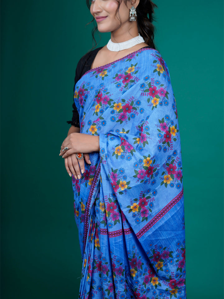 Buta Buti Floral Printed Cotton Tasseled Saree