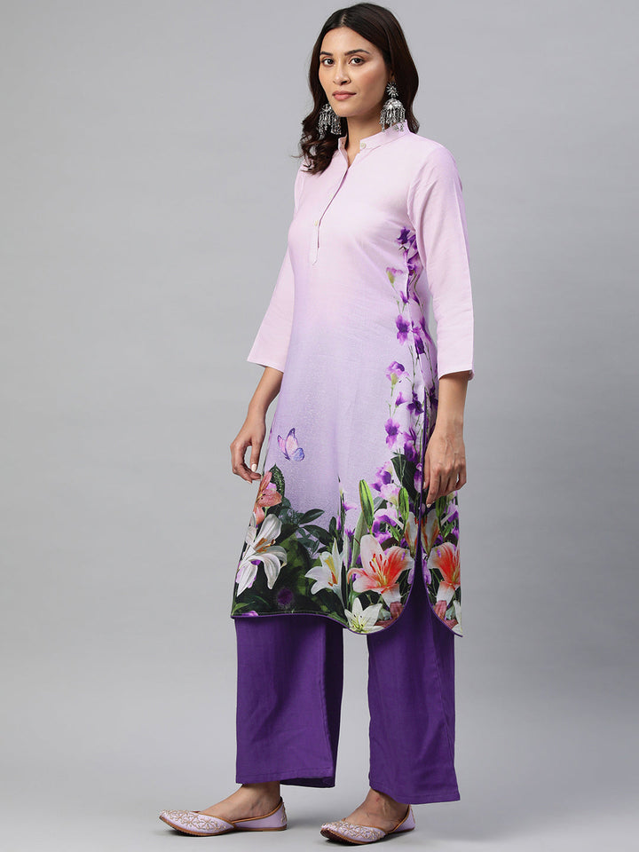 Purple Color Floral Printed Pure Cotton  Kurta Set