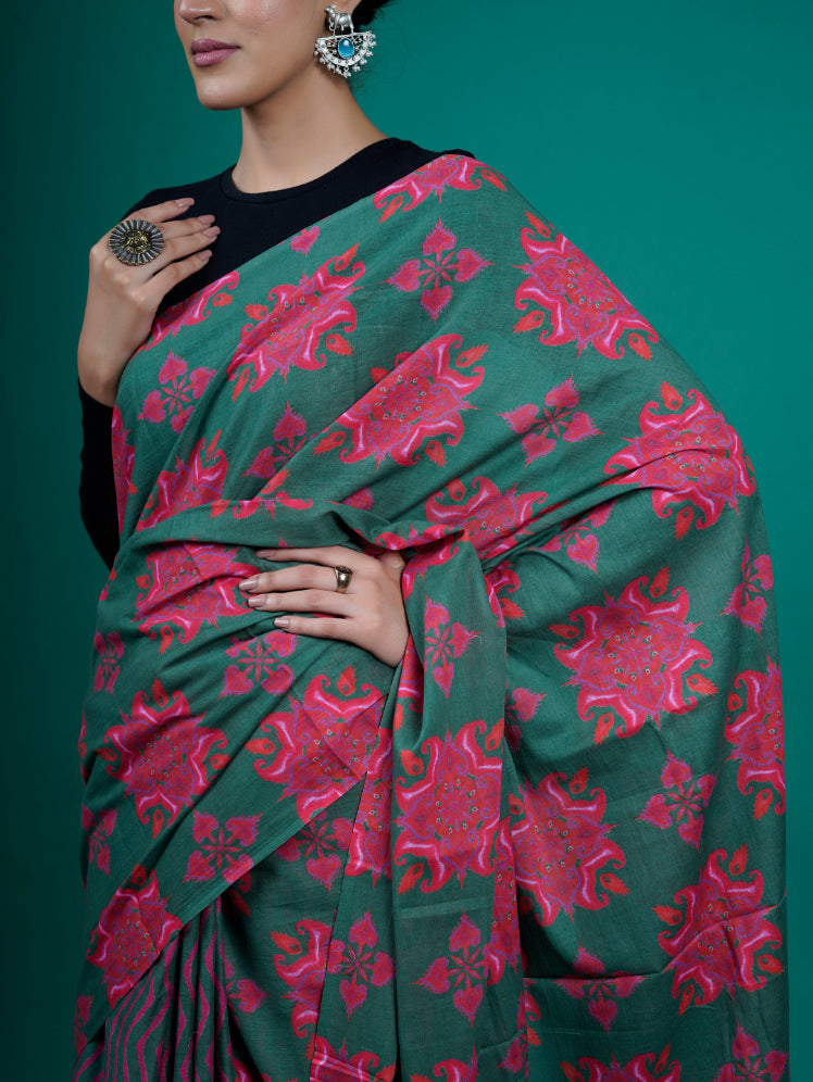 Buta Buti Ikat Printed Cotton Tasseled Saree