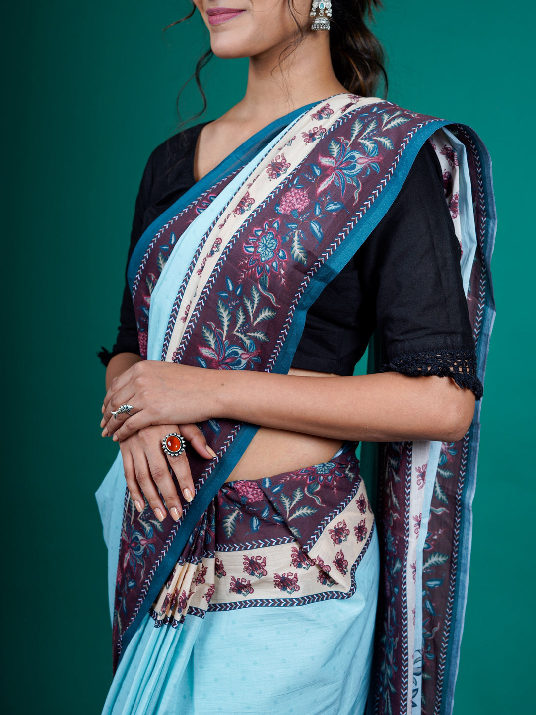 Buta Buti Blue Color Floral Printed Pure Cotton Saree With Unstitched Blouse And lace