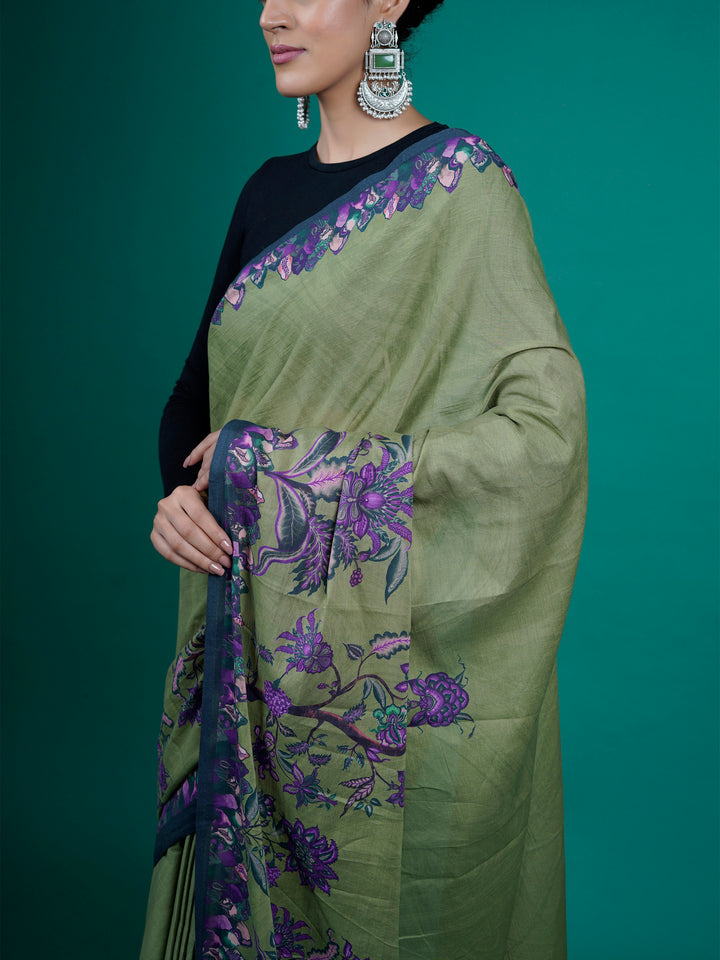 Buta Buti Green Color Floral Printed Pure Cotton Saree With Unstitched Blouse And lace