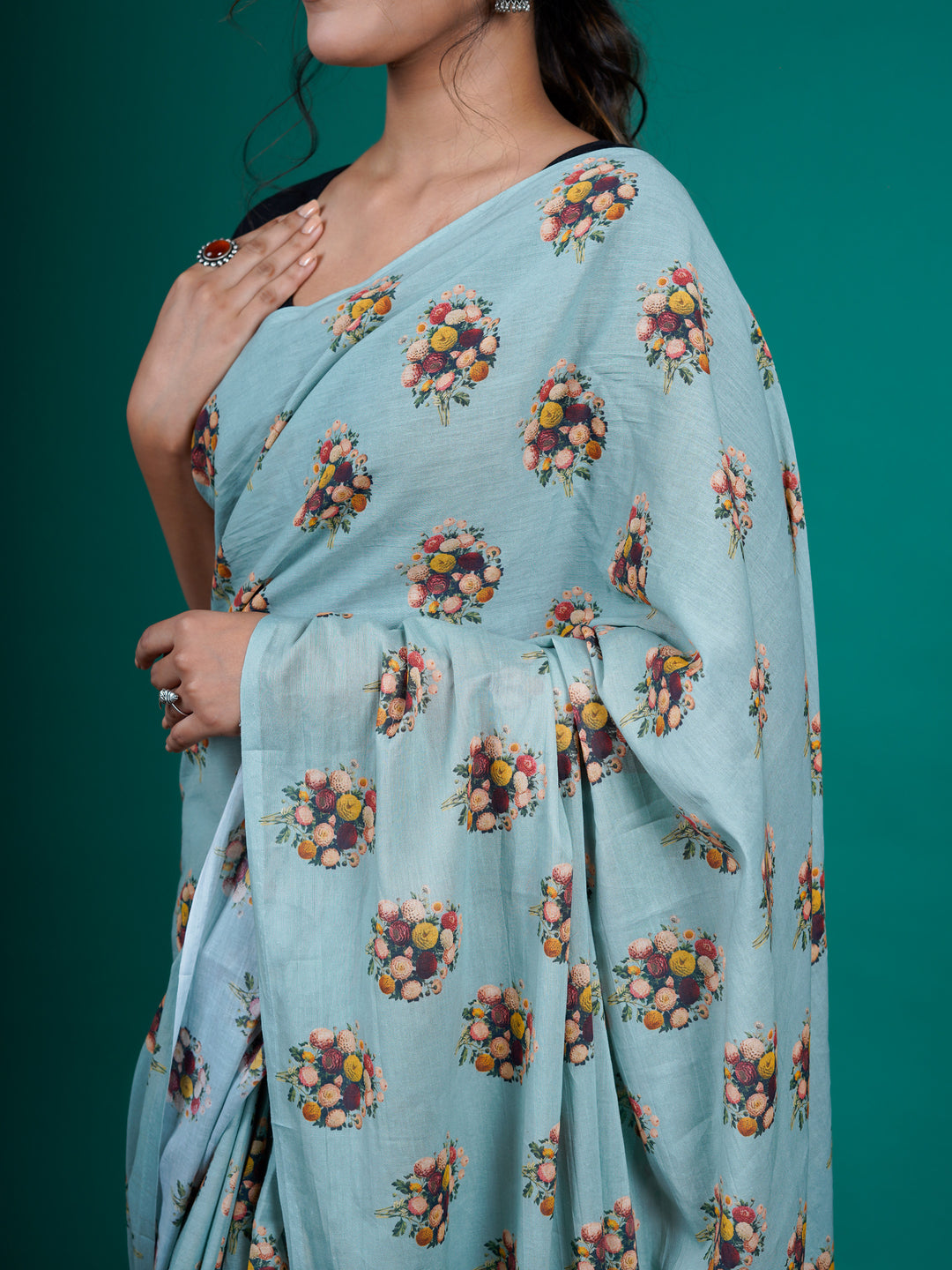 Buta Buti Blue Color Floral Printed Pure Cotton Saree With Unstitched Blouse And lace