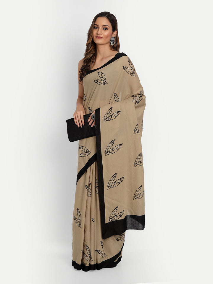 Buta Buti Beige & Black Printed Pure Cotton Saree