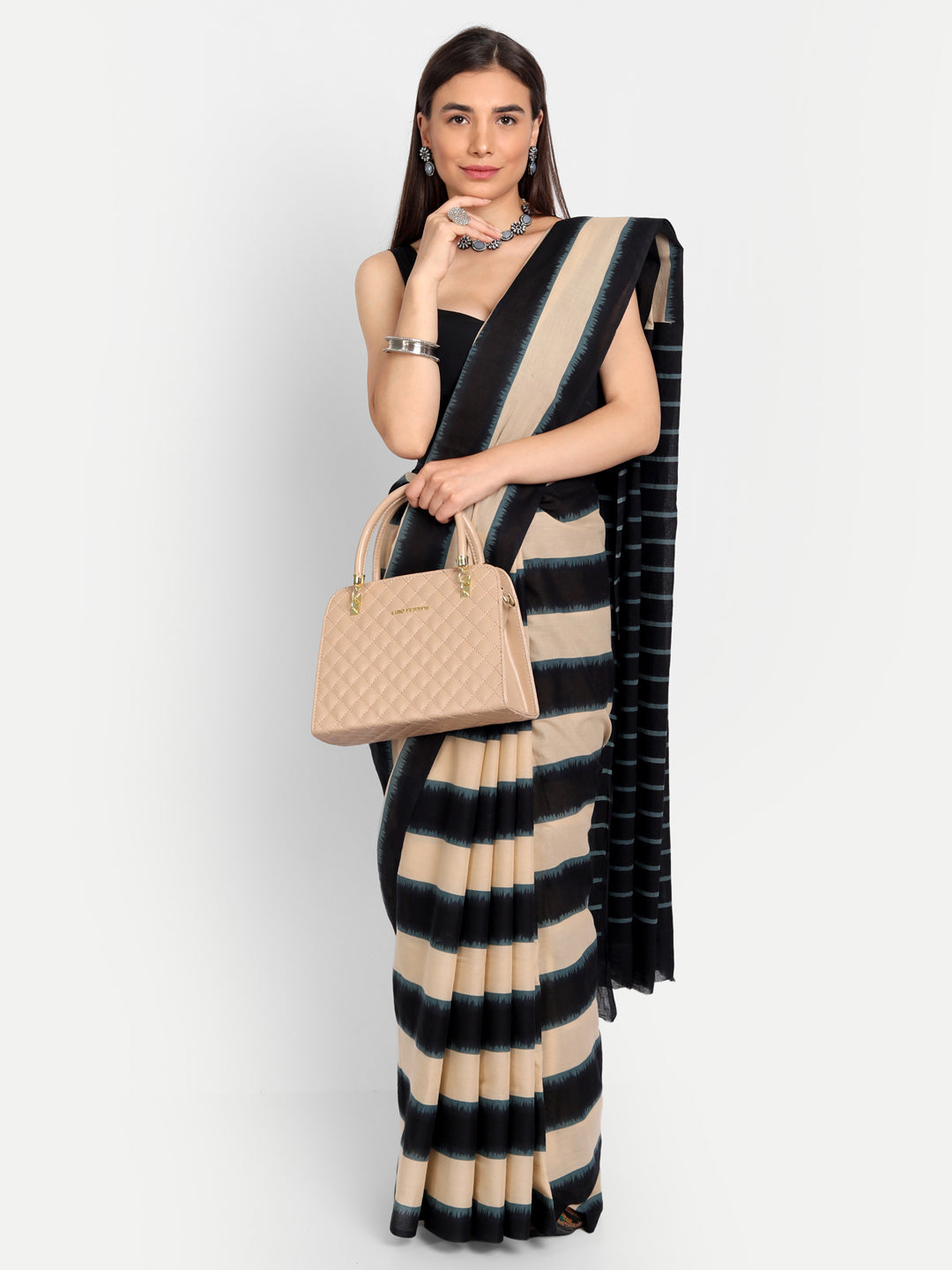 Buta Buti Beige & Black Striped Pure Cotton Saree