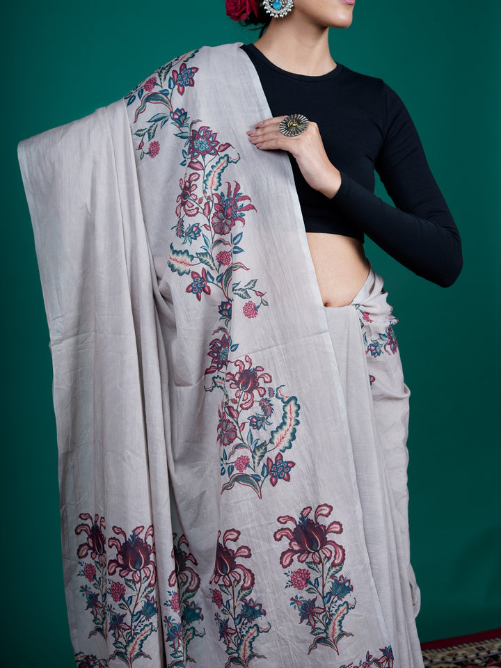 Buta Buti Grey Color Floral Printed Pure Cotton Saree With Unstitched Blouse And lace