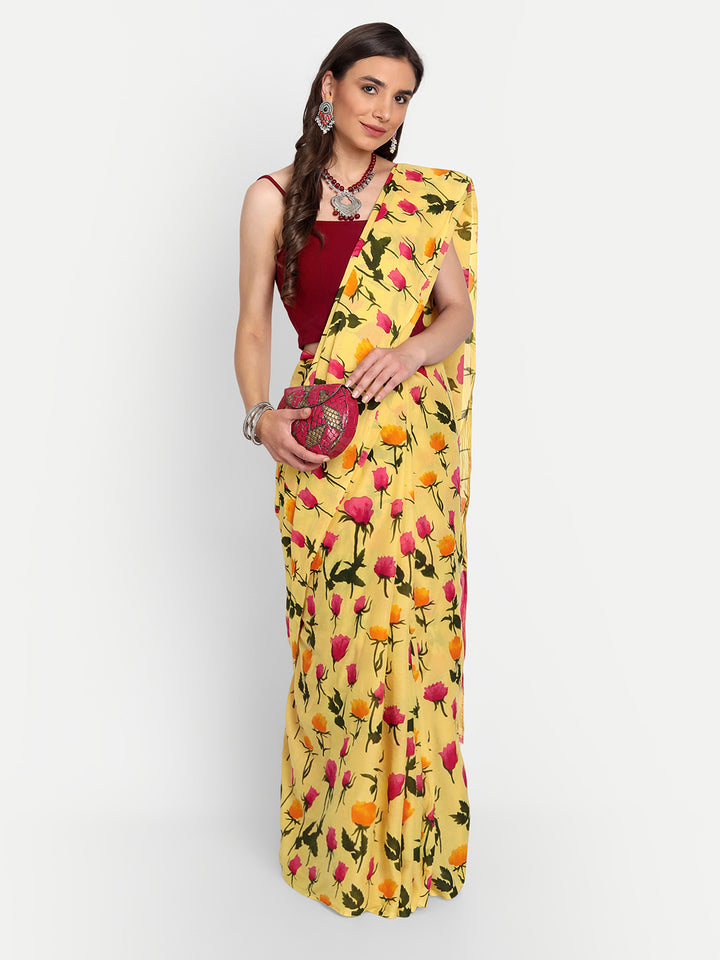 Buta Buti Yellow & Pink Floral Pure Cotton Saree