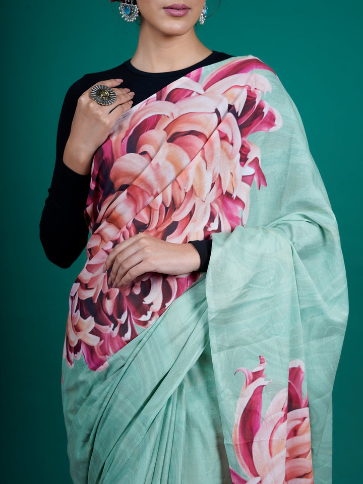 Buta Buti Green Color Floral Printed Pure Cotton Saree With Unstitched Blouse And lace