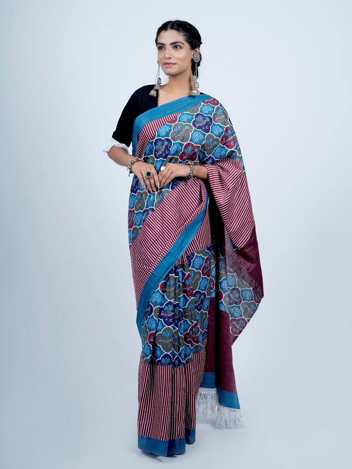 Buta Buti Chintz Floral Printed Cotton Tasseled Saree