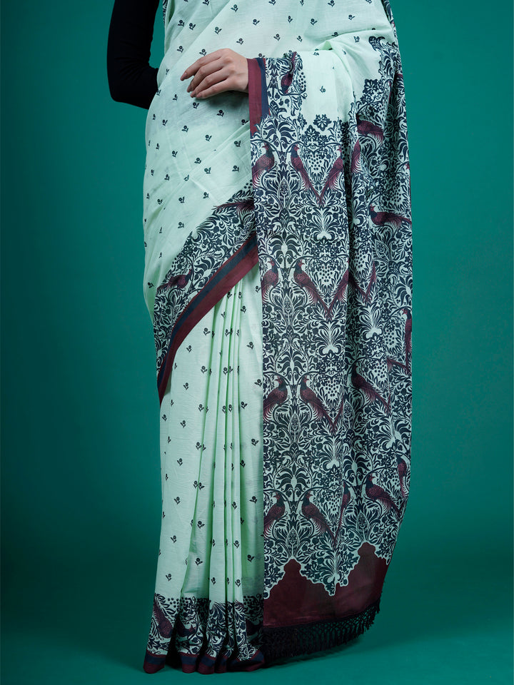 Buta Buti Sea Green Color Floral Printed Pure Cotton Saree With Unstitched Blouse And lace