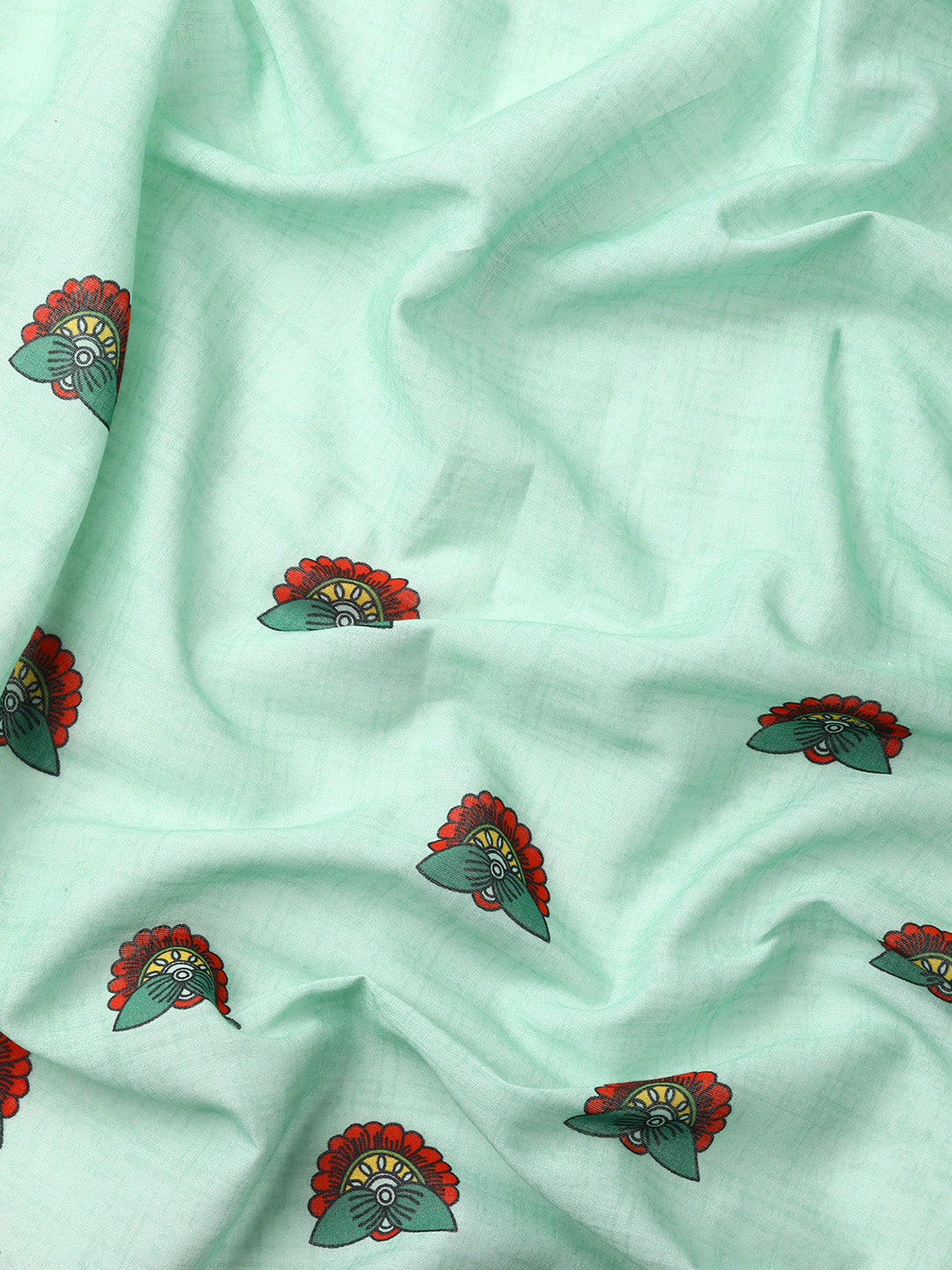 Buta Buti Mint Colour Floral Printed Pure Cotton Saree With Unstitched Blouse And Lace