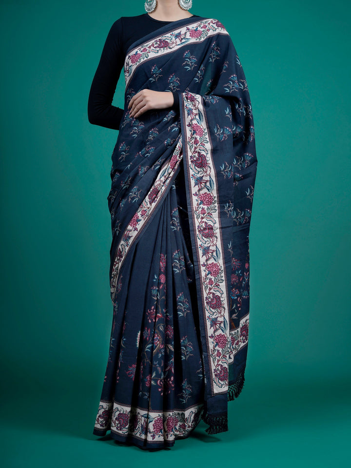 Buta Buti Blue Color Floral Printed Pure Cotton Saree With Unstitched Blouse And lace