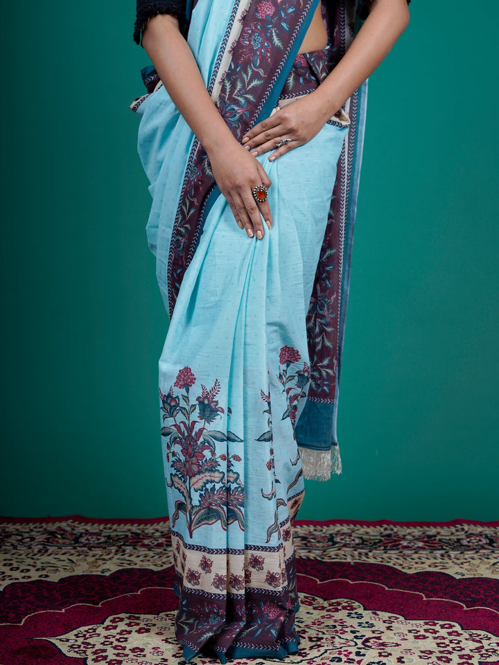 Buta Buti Blue Color Floral Printed Pure Cotton Saree With Unstitched Blouse And lace