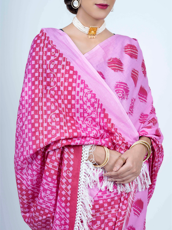 Buta Buti Bandhani Printed Cotton Tasseled Saree