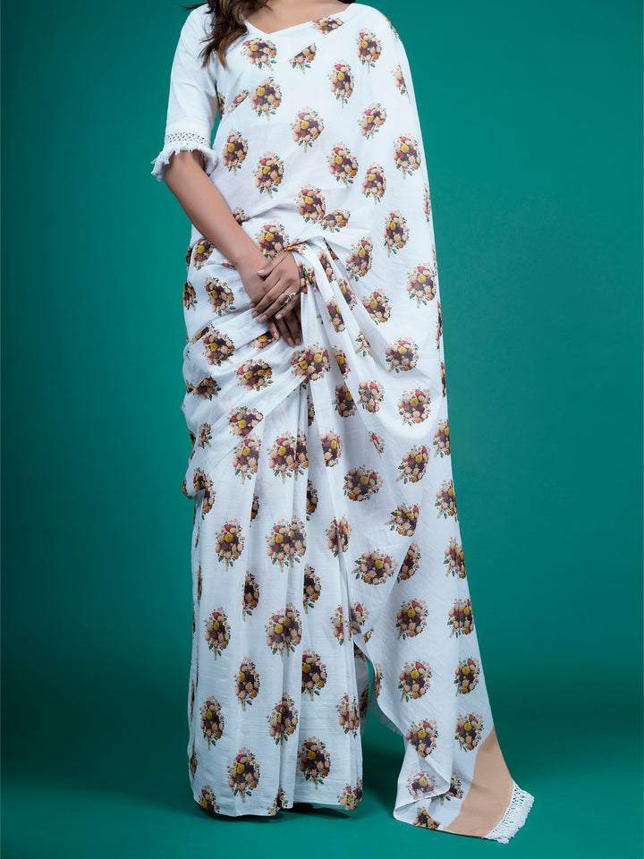 Buta Buti White Color Floral Printed Pure Cotton Saree With Unstitched Blouse And lace