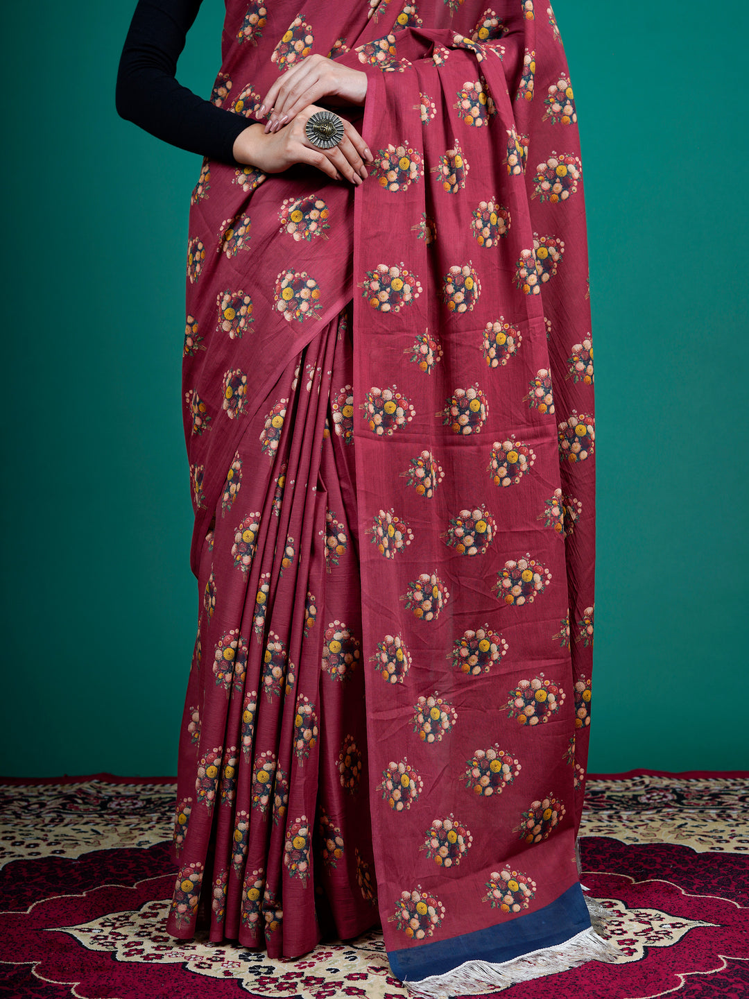 Buta Buti Maroon Color Floral Printed Pure Cotton Saree With Unstitched Blouse And lace