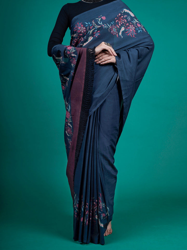 Buta Buti Blue Color Floral Printed Pure Cotton Saree With Unstitched Blouse And lace
