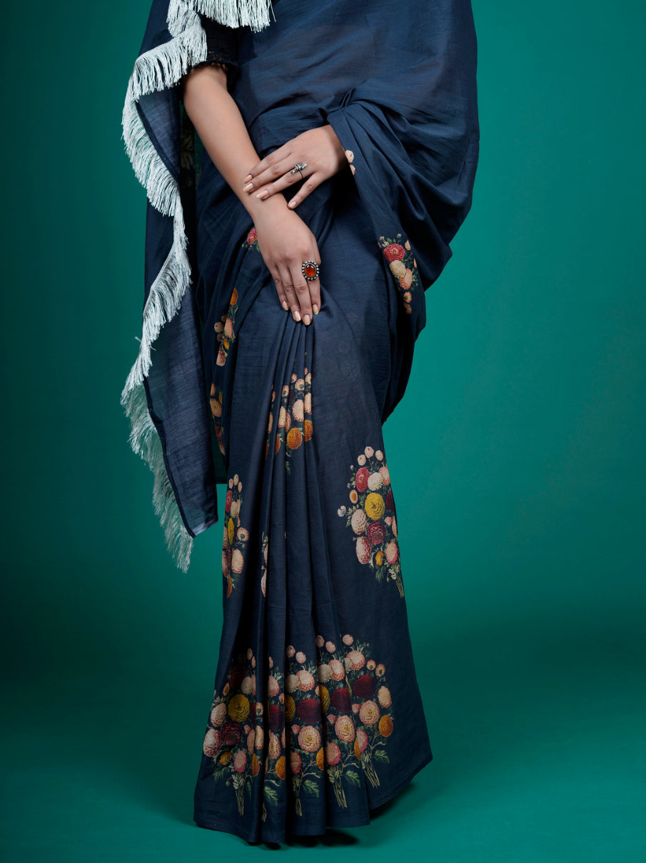 Buta Buti Floral Printed Cotton Tasseled Saree