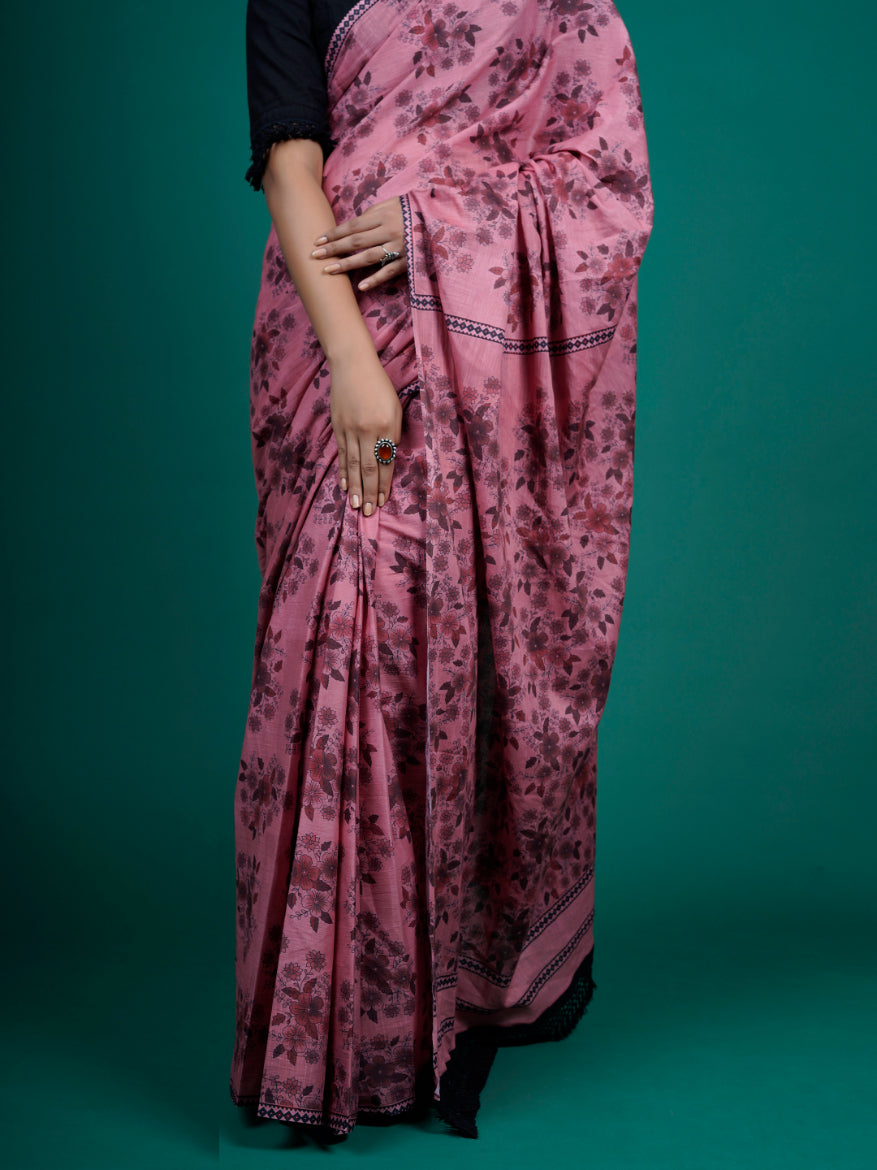 Buta Buti Floral Printed Cotton Tasseled Saree